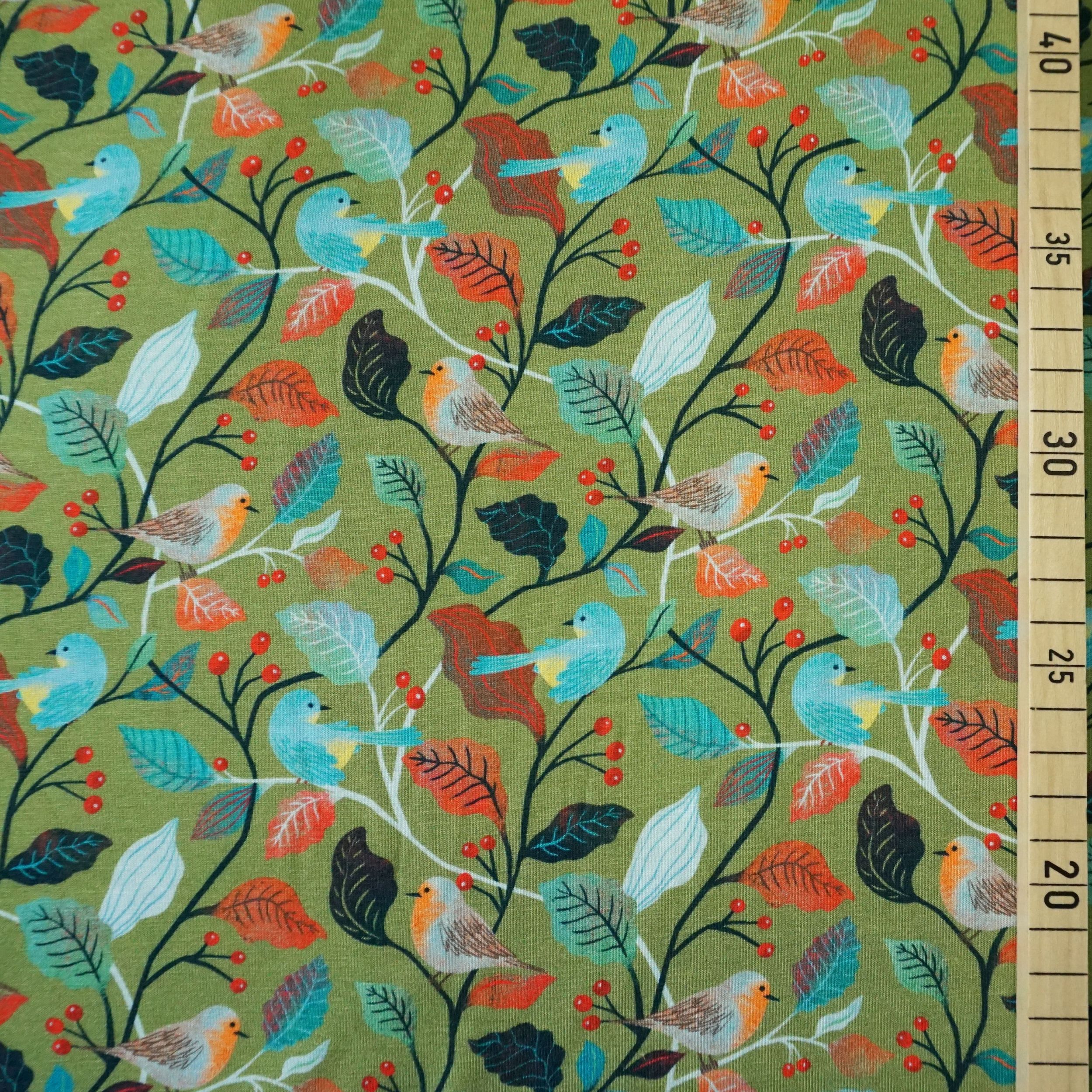 Bambus Jersey Winter Birds Green – Bild 2